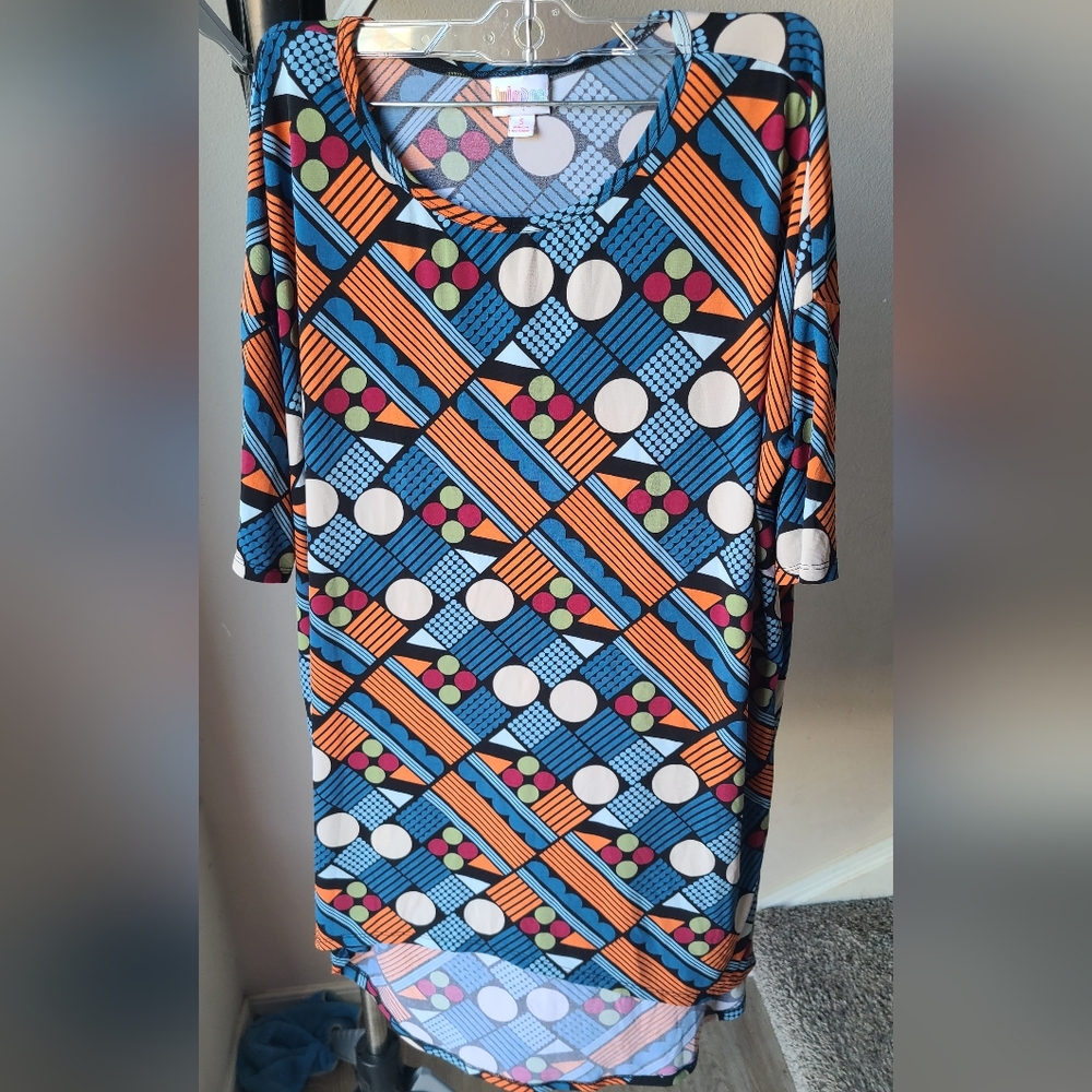 Lularoe Womens Top Small S Tunic High Low Asymmetric Blue Polka Dot Poly Blend